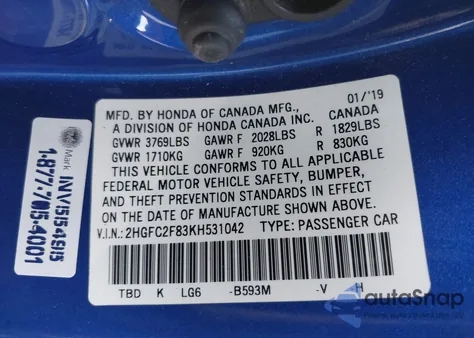 2019 Honda Civic Sport from USA, damaged, VIN 2HGFC2F83KH531042